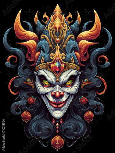 Realistic and simple t-shirt design featuring a likeable and controversial jester clown inspired by the Illuminati god created with Generative Ai