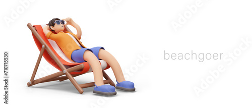 Concept of beachgoer. Man in sunglasses is lying in folding chair. Male character is comfortably sunbathing. Summer vacation outside. Cute 3D illustration