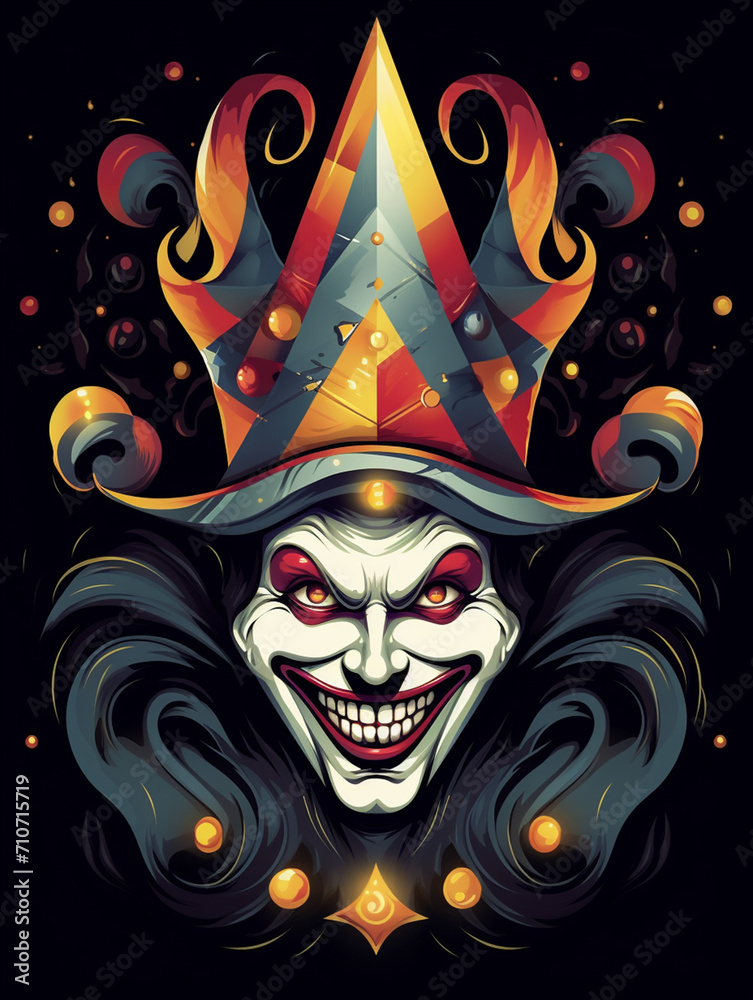 Realistic and simple t-shirt design featuring a likeable and controversial jester clown inspired by the Illuminati god created with Generative Ai Realistic and simple t-shirt design featuring a likeable and controversial jester clown inspired by the Illuminati god created with Generative Ai