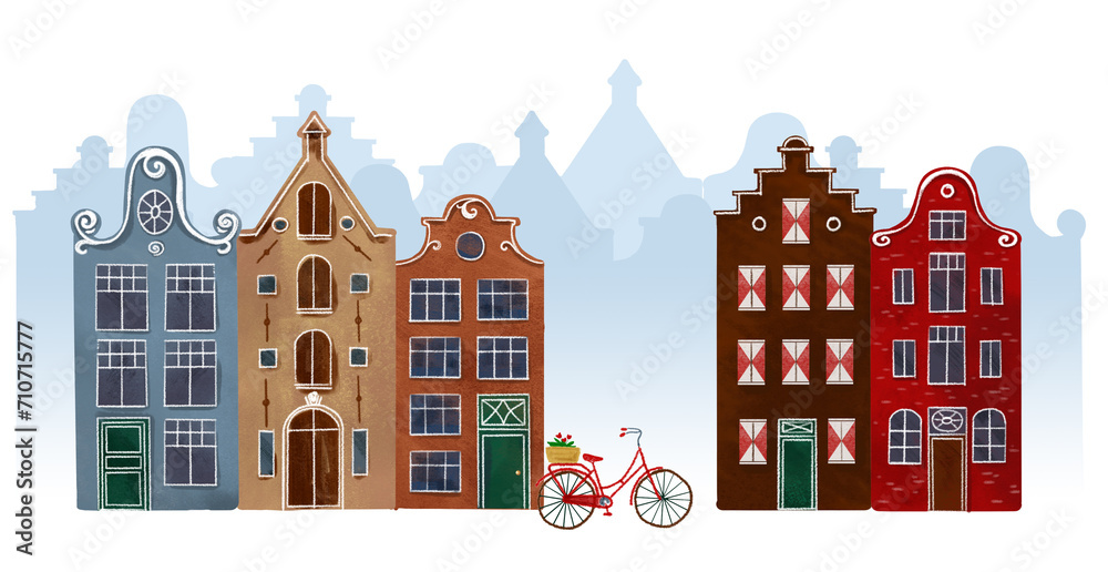 Amsterdam houses. Authentic european historical buildings.  Netherlands architecture. Cute colorful brick houses.
Hand drawn doodle illustration.