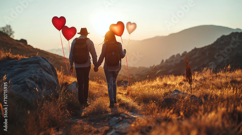 Couple hiking through a beautiful landscape, hand in hand with heart-shaped balloons, valentine day photo