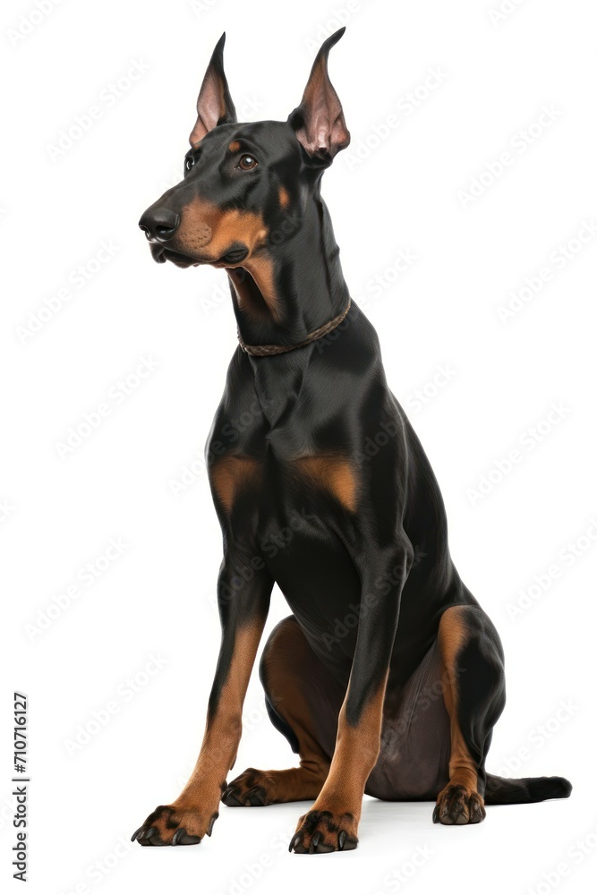 Fototapeta premium Doberman Pinscher dog looking to camera on a white background.
