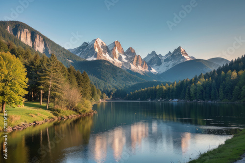  trees and mountains, mountain lake,generative ai © Meowmomo