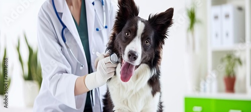 Female veterinarian conducting medical tests on happy border collie dog in veterinary clinic