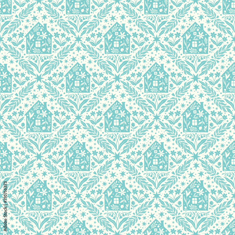 Hand drawn doodle cartoon houses and flower silhouette seamless pattern, cute house seamless texture