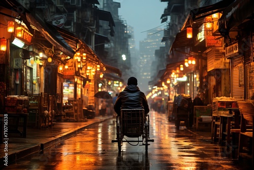 Disabled man in a wheelchair navigating a wet and dimly lit street during rainy evening