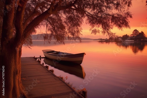 Tranquil sunset over lake with a single boat tied to wooden dock © GVS