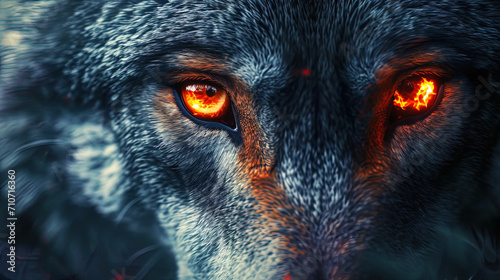 Fire in the eyes of a wolf, symbolizing wild passion and an unconquered power of wildlife photo