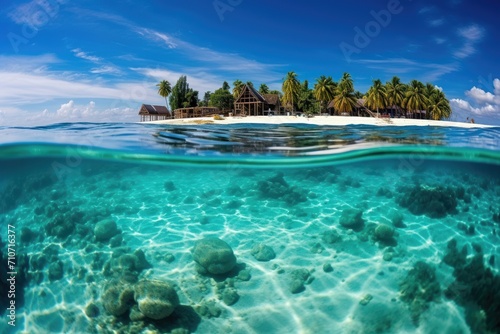 Tropical island with white sandy beach above turquoise water and coral reef photo