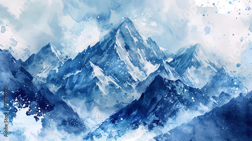 Subtle and detailed watercolor pattern representing high mountain peaks covered with a layer of sn © JVLMediaUHD