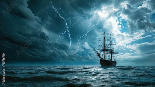 The thunderstorm sky above the sea, on which the ship majestically floats, emphasizing the power o