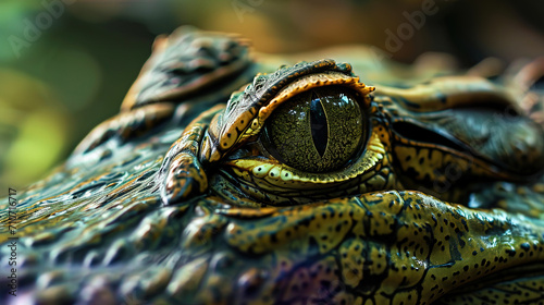 Trying the eye of a crocodile, secretive and cunning, like a window into the animal world of tropi photo