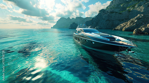 The yacht surrounded by transparent water, creating a feeling of weightlessness and freedom in the