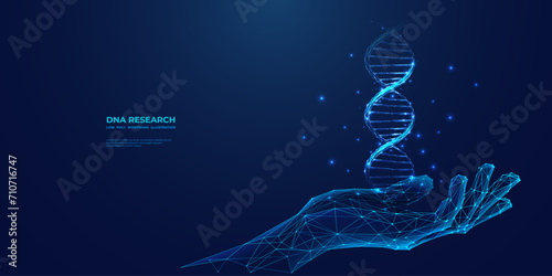 Abstract hologram of DNA helix in a hand on a blue background. Digital hand-holding double helix in futuristic light monochrome low poly wireframe style. Medical, science concept. Vector illustration.