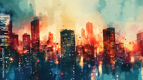 Abstract watercolor depicting a city landscape with high buildings and luminous lights in the nigh
