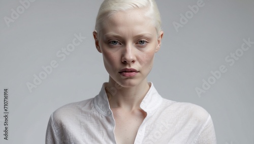 Portrait of a beautiful young albino woman. Perfectly white hair, bright clear eyes. Clean skin. White clothes. Delicate grey background.