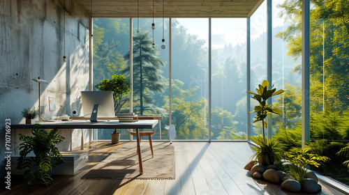Fototapeta Naklejka Na Ścianę i Meble -  A modern working area with windows filling space with light and inspiring view of nature
