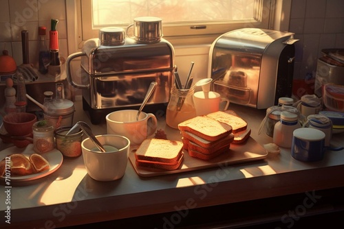 Kitchen scene with toaster, dishes, and sandwiches on a light table. Generative AI
