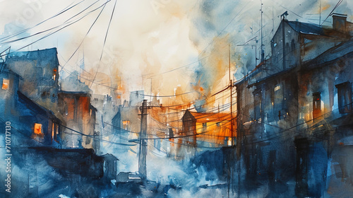 Mysterious watercolor depicting the city in a fog  where buildings flicker like ghosts in the even