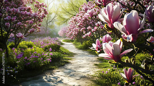 Spring garden with bright magnolias, exciting its beauty and aroma photo
