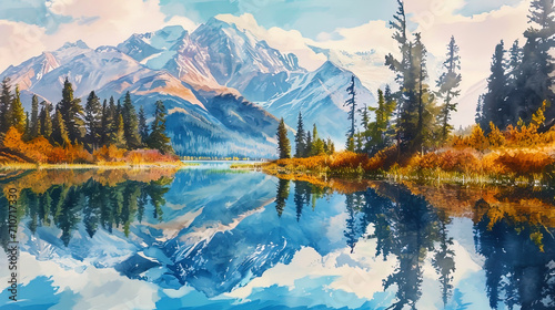 The watercolor picture, in which the reflection of the mountains in a calm pond creates the illusi