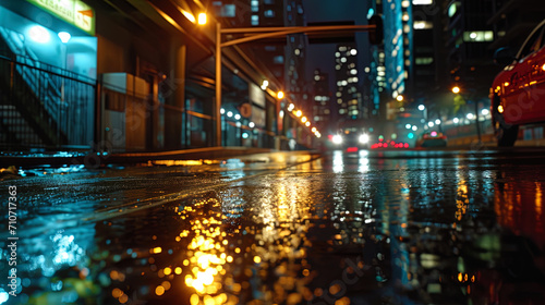 Wet city asphalt in the night, which reflect the lights of car headlights and skyscrapers, creatin