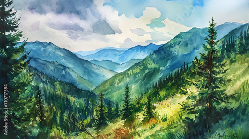 Warm and earthly shades in watercolors representing a landscape with mountains surrounded by green photo