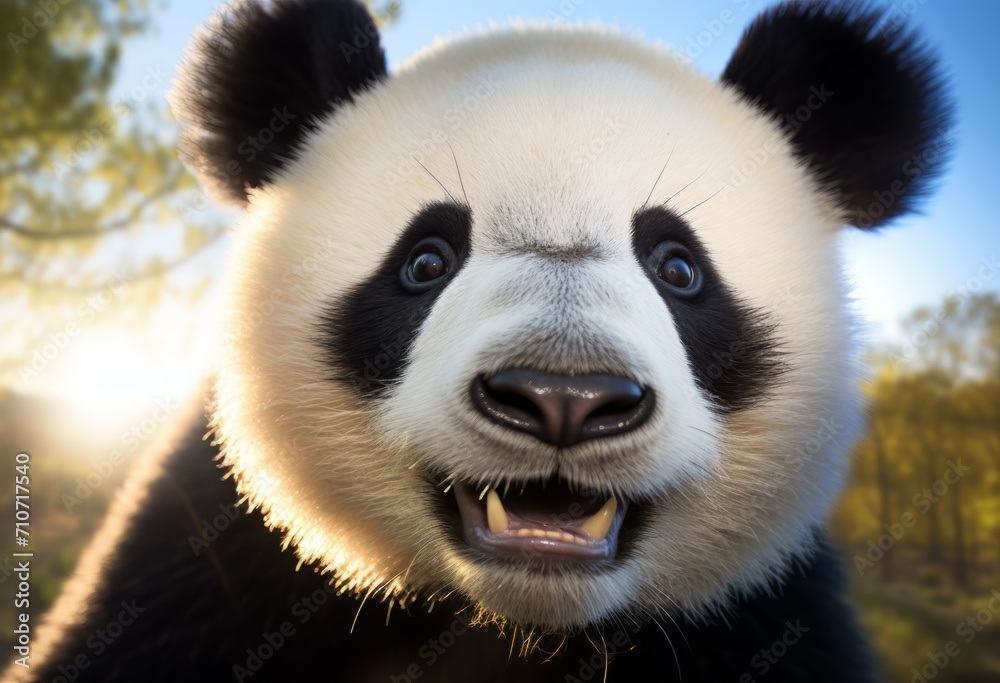 Fototapeta premium close up of Panda Bear in Reserve China. Panda looking at the viewer with mouth open. Endangered Species Animal Conservation. Generative ai