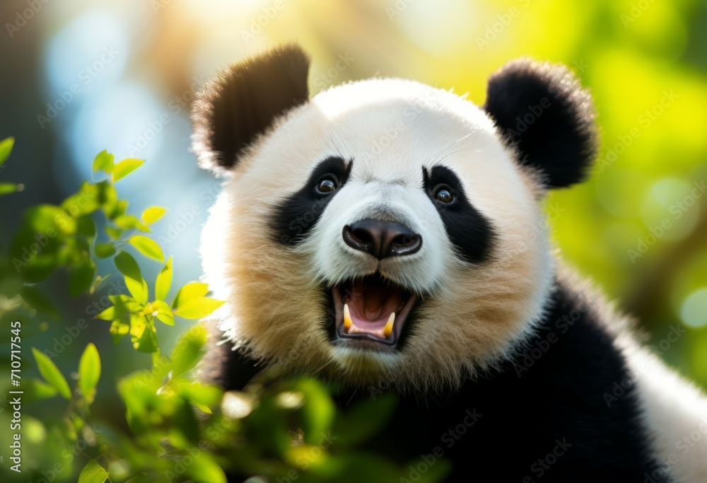Obraz premium close up of Panda Bear in Reserve China. Panda looking at the viewer with mouth open. Endangered Species Animal Conservation. Generative ai