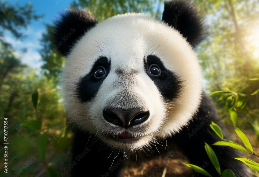 Obraz premium close up of Panda Bear in Reserve China. Panda looking at the viewer with mouth open. Endangered Species Animal Conservation. Generative ai