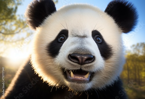close up of Panda Bear in Reserve China. Panda looking at the viewer with mouth open. Endangered Species Animal Conservation. Generative ai