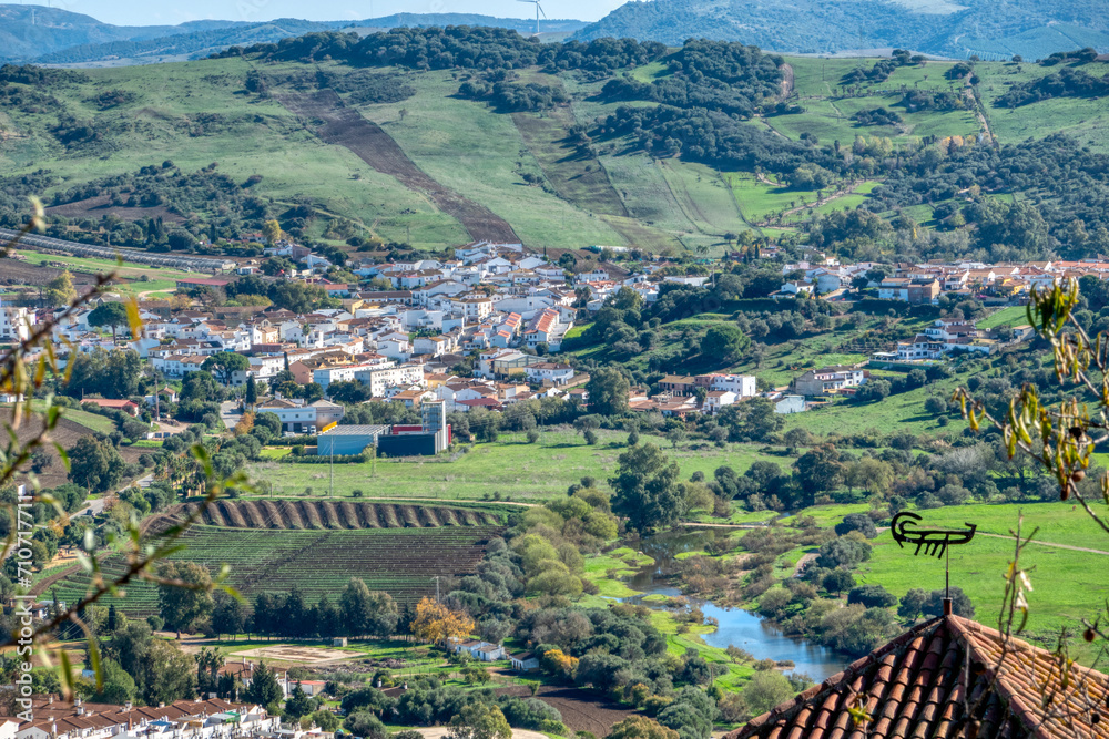 View from above of Jimena de la Frontera, a pretty white town in the province of Cadiz, Andalusia, Spain