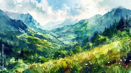 Light and bright watercolor, in which mountains are transformed under the influence of a bright su