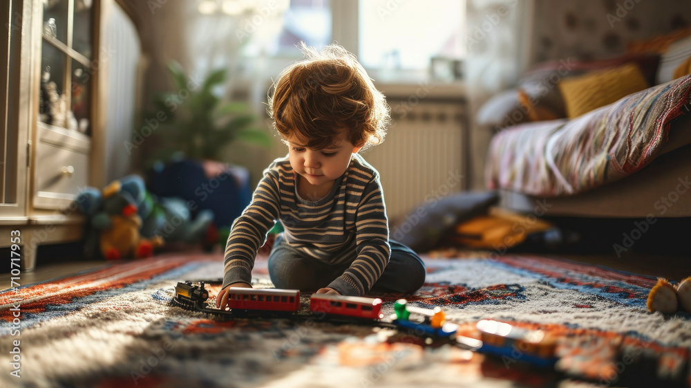 little boy, a child 2-3 years old, plays with a toy railroad train in a homely atmosphere little boy, a child 2-3 years old, plays with a toy railroad train in a homely atmosphere