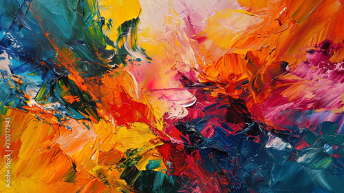 An oil picture with an abstract background, where bright colors and forms create an atmosphere of