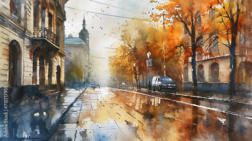Attractive watercolor, in which the city is transformed under the influence of light reflections f photo