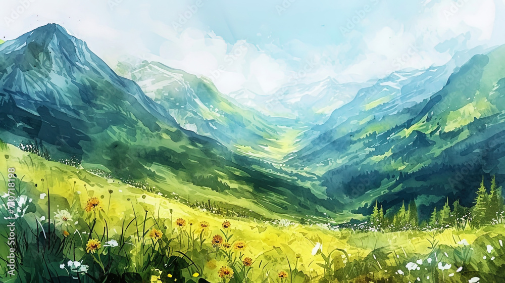 Cool and refreshing watercolor depicting high mountains covered with summer meadows and valleys