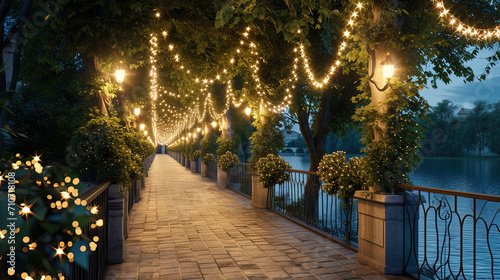 A romantic walk along the bridge decorated with garlands in the evening