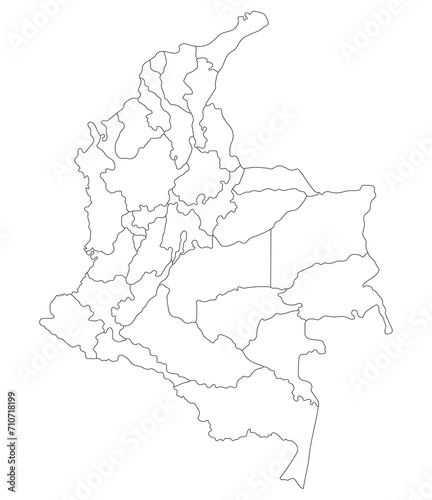 Colombia map. Map of Colombia in administrative provinces in white color