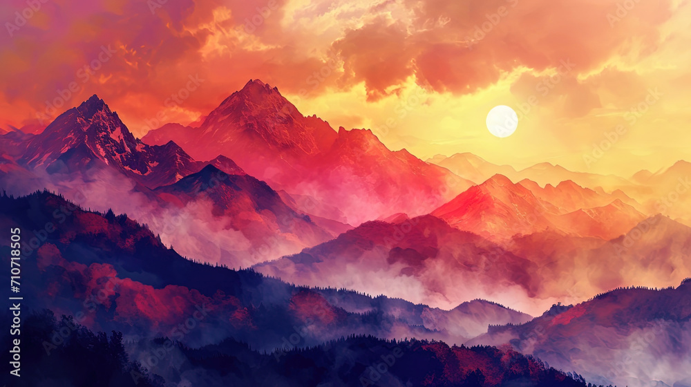 Transparent watercolor, where mountains against a bright sunset create a mystical atmosphere