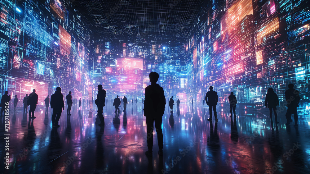 Portrait of amazed young woman in a VR headset explores the metaverse's virtual space. Gaming and futuristic entertainment concept, Man uses metaverse technology in an industrial setting. Neon  - obrazy, fototapety, plakaty 