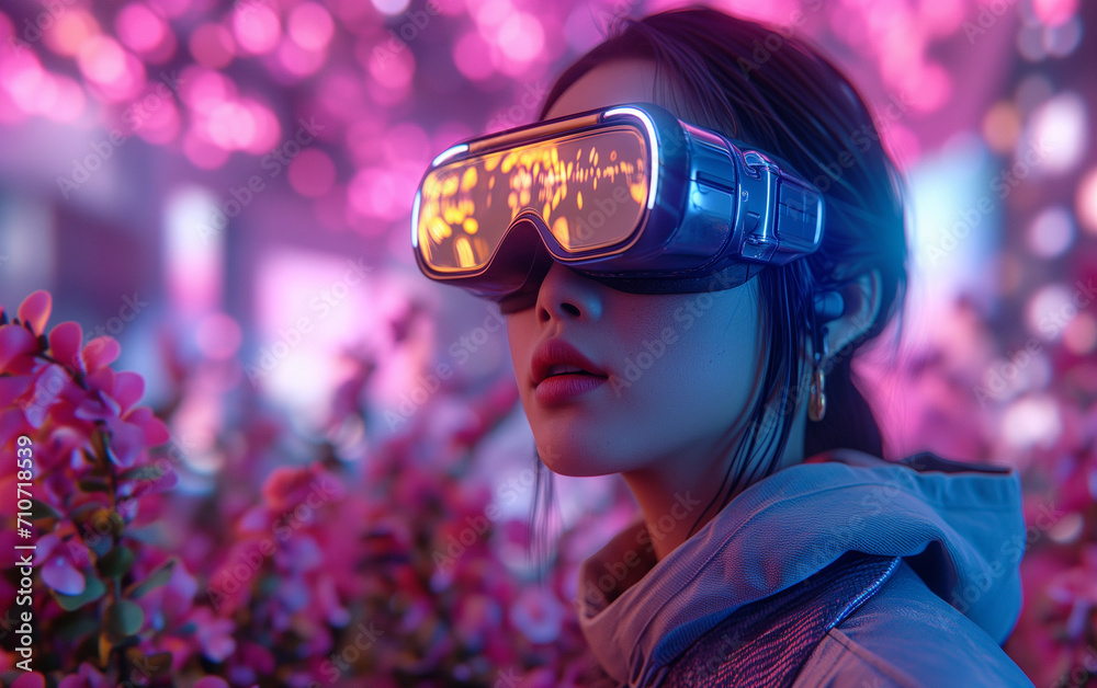 Portrait of amazed young woman in a VR headset explores the metaverse's virtual space. Gaming and futuristic entertainment concept, Man uses metaverse technology in an industrial setting. Neon Portrait of amazed young woman in a VR headset explores the metaverse's virtual space. Gaming and futuristic entertainment concept, Man uses metaverse technology in an industrial setting. Neon