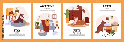 Cozy posters with cute pets at home, cards in cartoon vector style