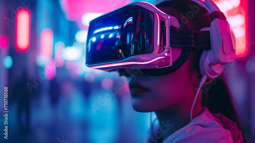 Portrait of amazed young woman in a VR headset explores the metaverse's virtual space. Gaming and futuristic entertainment concept, Man uses metaverse technology in an industrial setting. Neon 