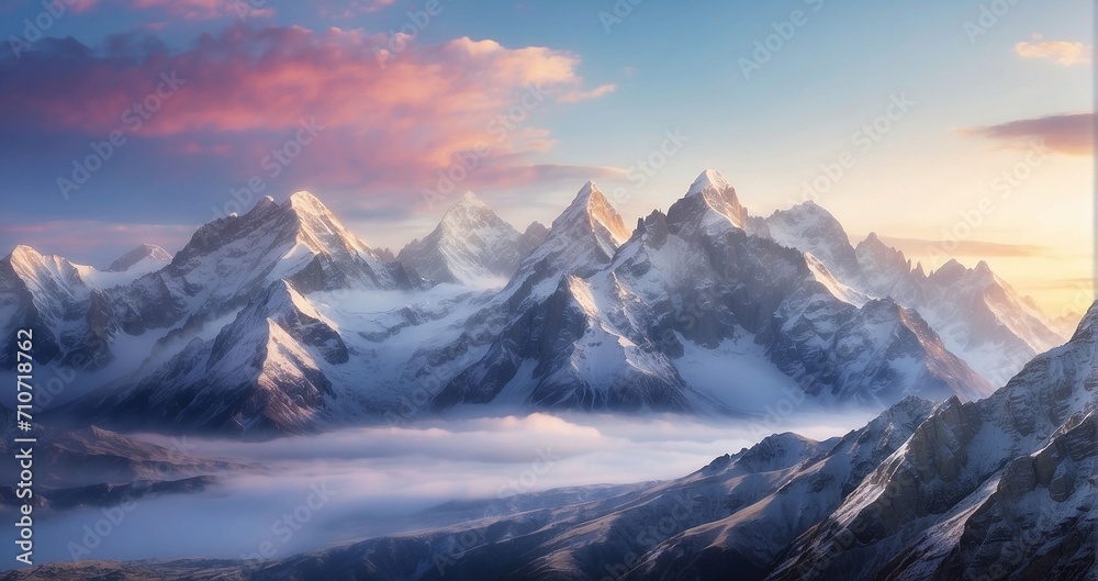 The grandeur of a mountain range at sunrise, with the first light of day illuminating snow-capped peaks, valleys filled with mist, and a sense of awe-inspiring tranquility - Generative AI