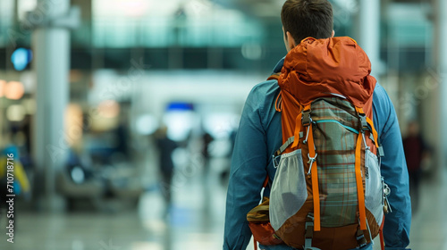 a tourist men wearing a tourist backpack on his back, was at the airport. copy space. AI Generative