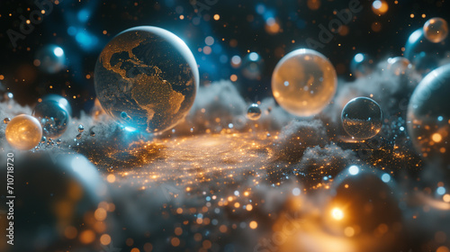 Ein Hintergrundbild mit der Erde und dem Universum in der Größe eines Spielzeuges photo