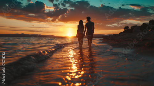 Ein verliebtes Paar l  uft am Strand im Meer der Gef  hle w  hrend die Sonne untergeht