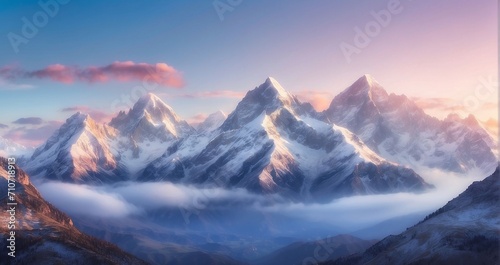 The grandeur of a mountain range at sunrise, with the first light of day illuminating snow-capped peaks, valleys filled with mist, and a sense of awe-inspiring tranquility - Generative AI