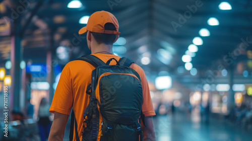 A man wearing a orange t-shirt, hat, and tourist backpack on his back, was at the airport. copy space. AI Generative photo